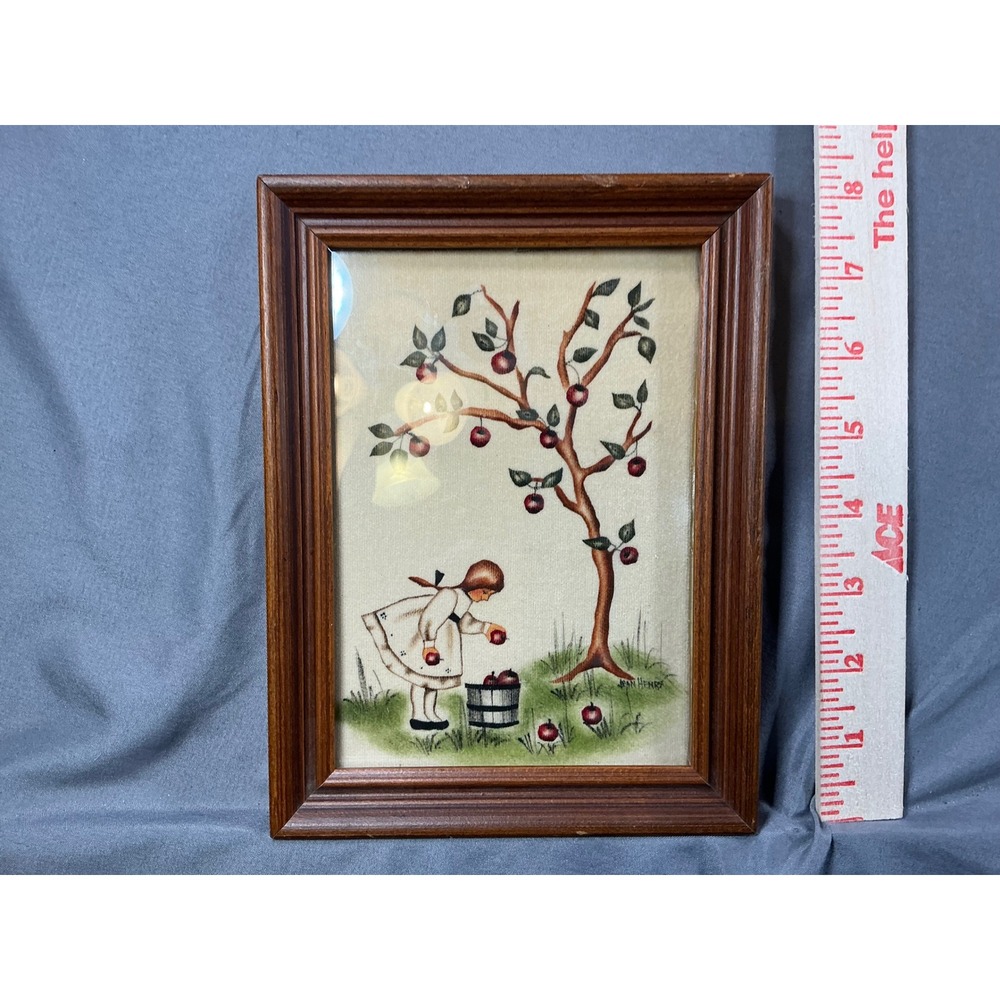 Jean Henry Theorem Original Painting Velvet Girl Picking Apples Framed Folk Art